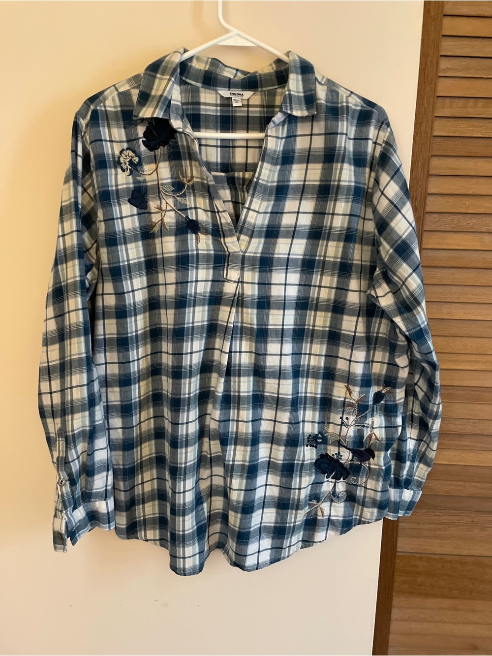 Sonoma Blue and White Plaid Button-Down Shirt with Floral Embroidery